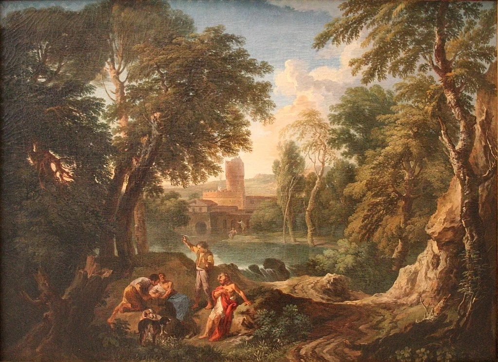 Paesaggio con figure e laghetto